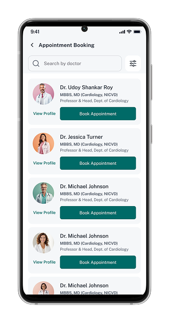 Orbitacare doctor list and appointment selection screen